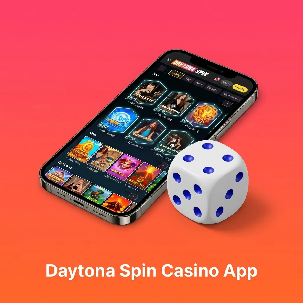 Daytona Spin casino app home screen showing live casino games, slots, and sports betting options