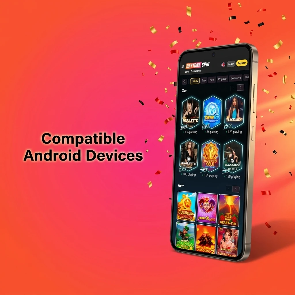 Compatible Android devices for Daytona Spin app in the UK, including Samsung, Google Pixel, OnePlus, Xiaomi, Oppo, Sony, Motorola