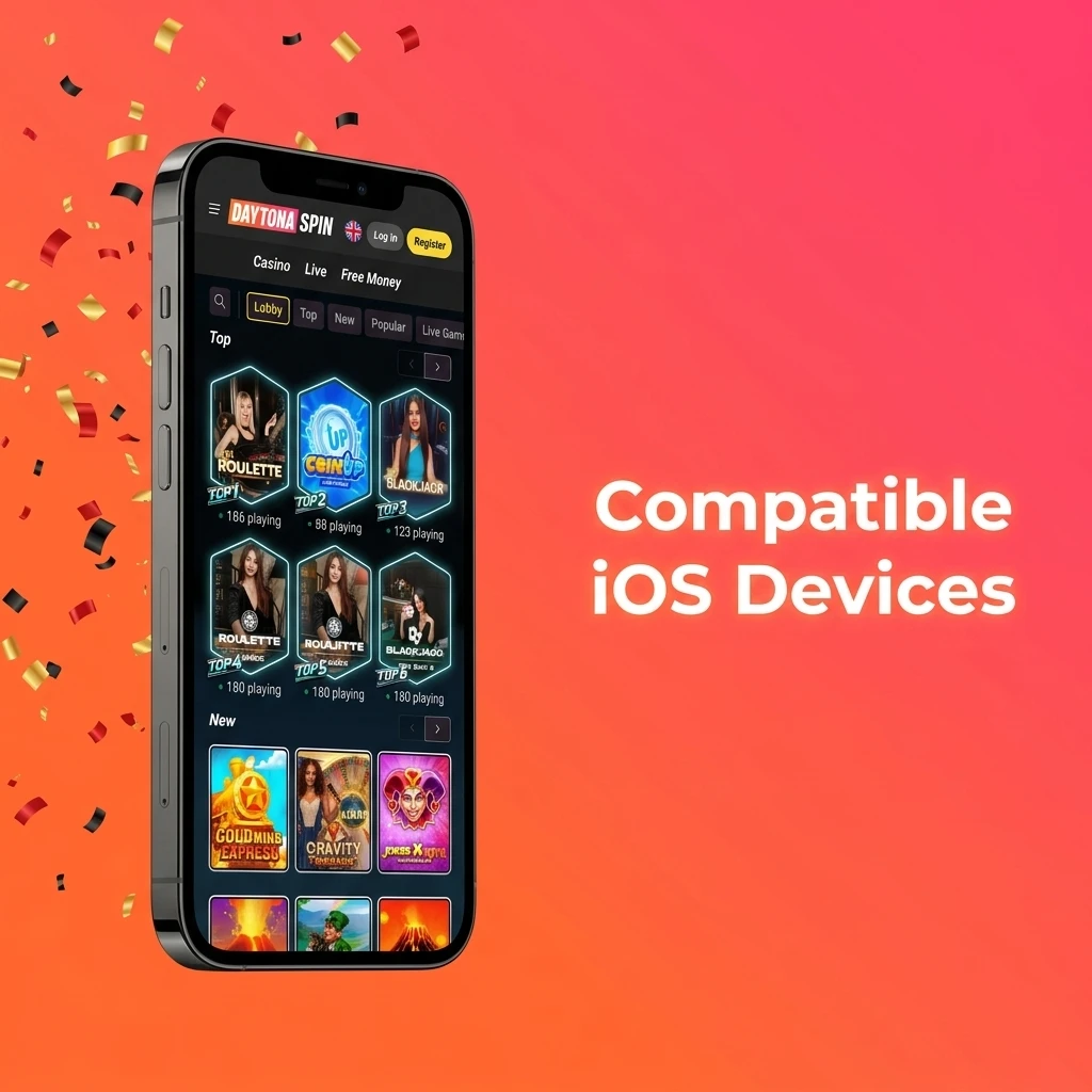 List of compatible iOS devices for Daytona Spin app including iPhone X to 15 series and iPad Air and Pro models