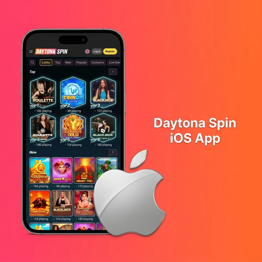 Daytona Spin iOS app interface on iPhone and iPad showing sports betting and casino games features