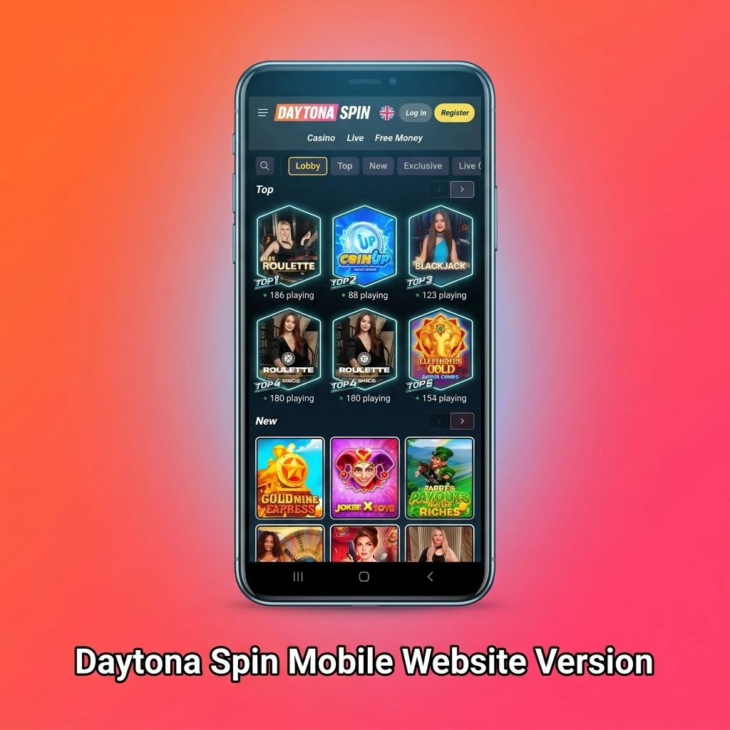 Daytona Spin mobile website displayed on smartphone and tablet, offering betting and casino games without download