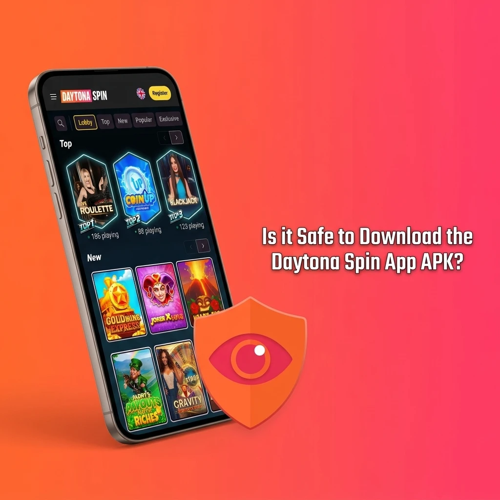Daytona Spin app APK download on a smartphone, showing secure SSL encryption and official UK gambling licence compliance