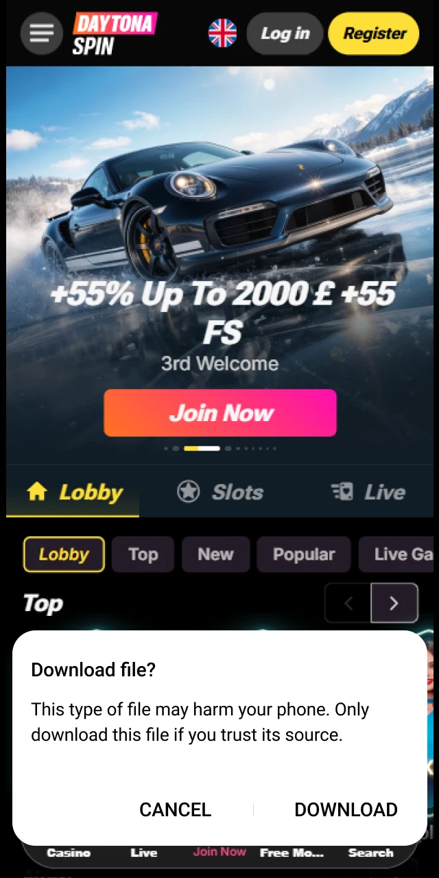 Accept the browser notification to begin the Daytona Spin App download.