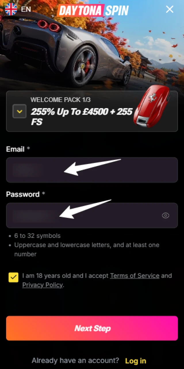 Create a secure password for your new Daytona Spin App account.