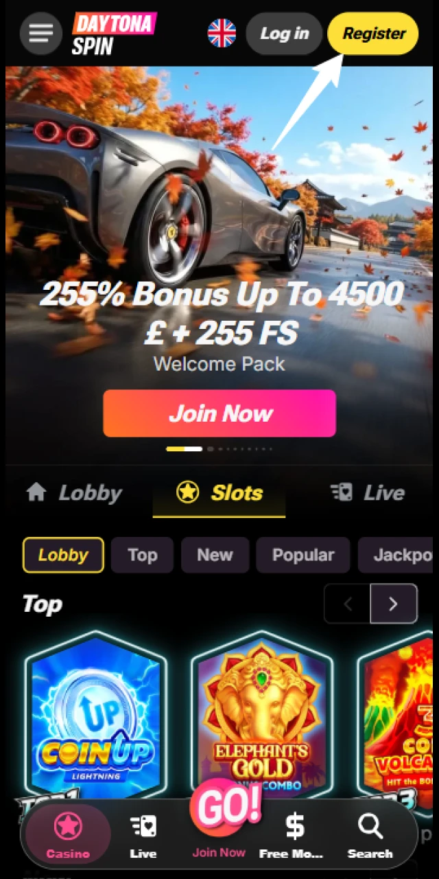 Open the Daytona Spin App and click register to create profile.