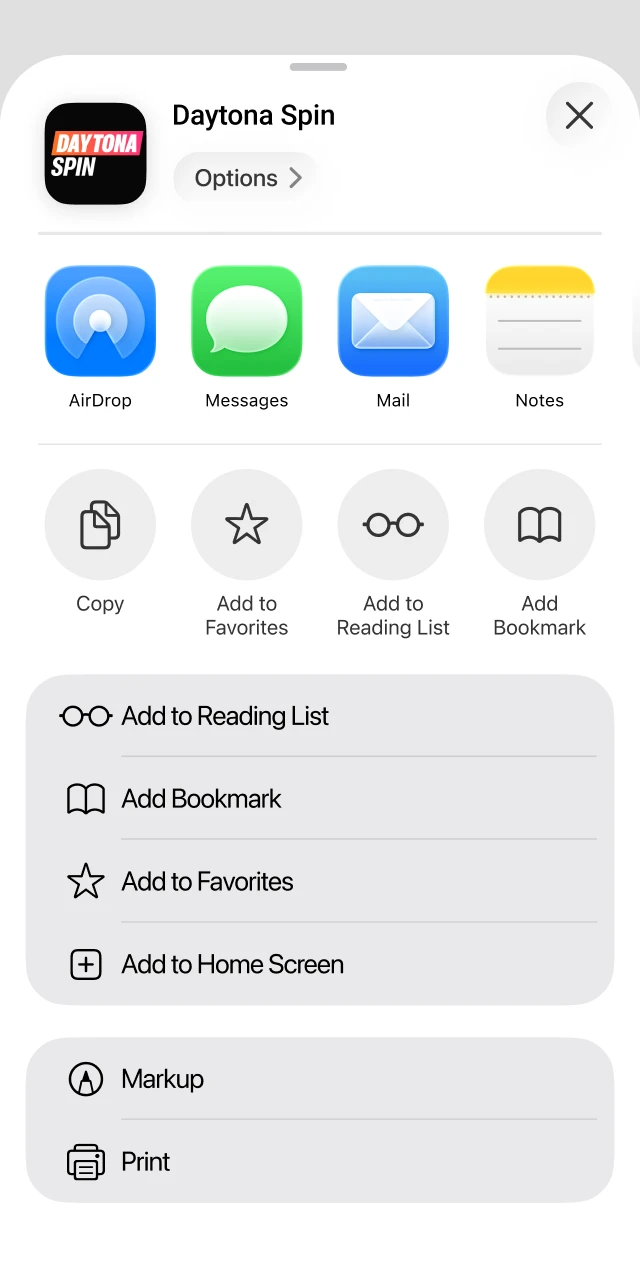 Add the icon to your home screen for Daytona Spin App.