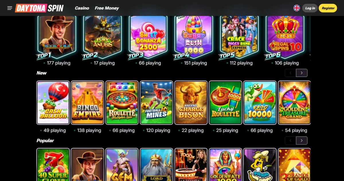 Top games grid in the Daytona Spin casino lobby