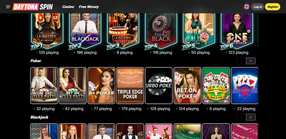 Live dealer tables and game shows in the Daytona Spin lobby
