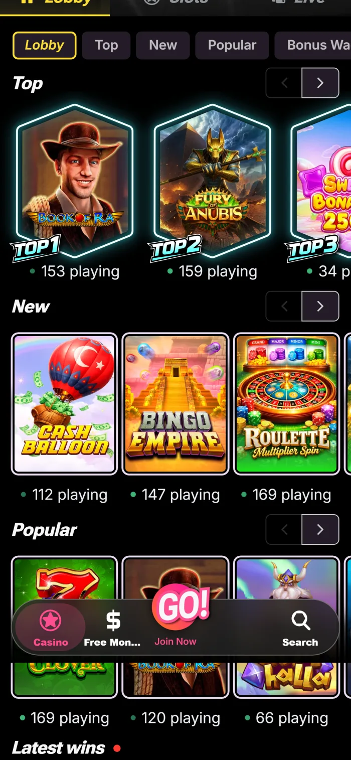 Daytona Spin casino lobby on a mobile phone screen